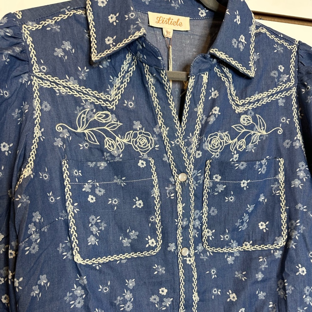Embroidered Western Floral Shirt Dress | Dark Denim - Picture 4 of 12
